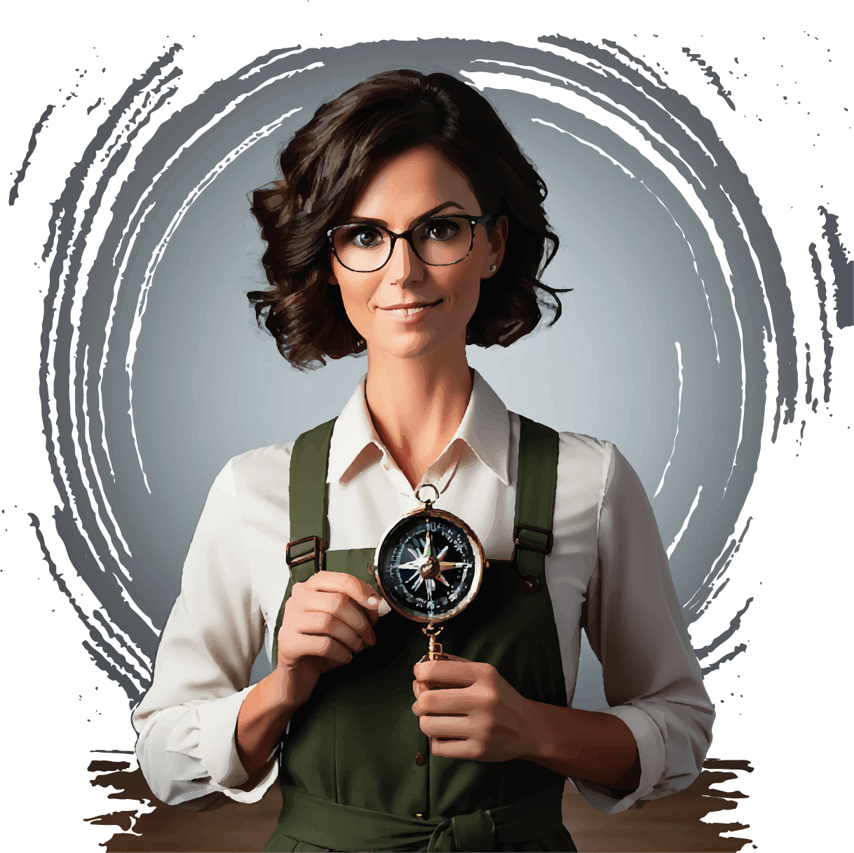 Image d'une femme aux cheveux bruns qui regarde droit devant avec un sourire et une boussole à la main