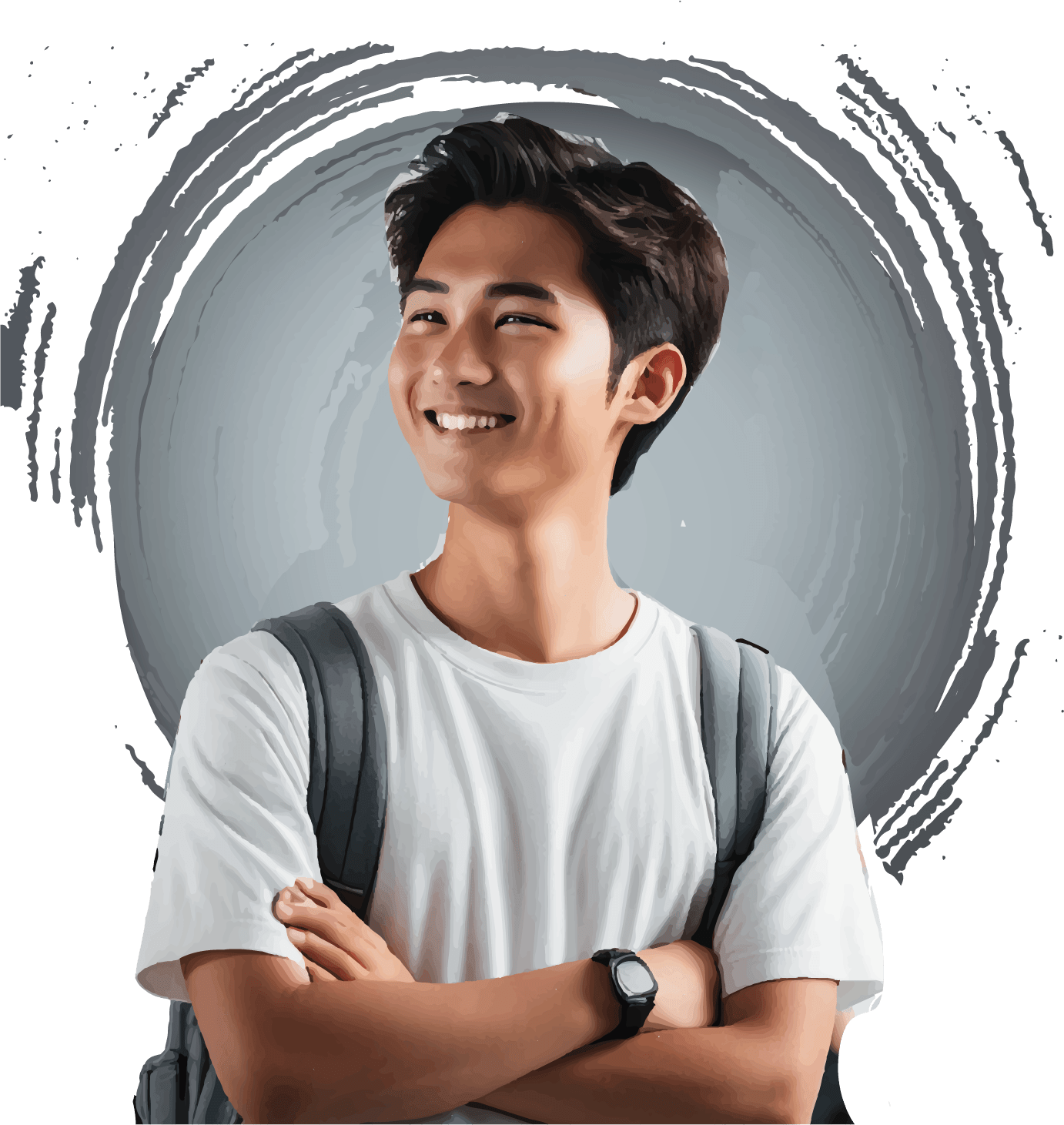 Image d'un jeune homme qui regarde à gauche avec un sourire et les bras croisés