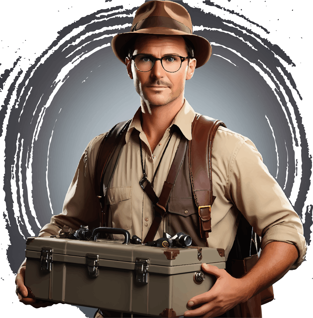 Image d'un homme de face habillé en explorateur et qui tient une boîte d'outils qui représente des ressources clés de l'apprentissage