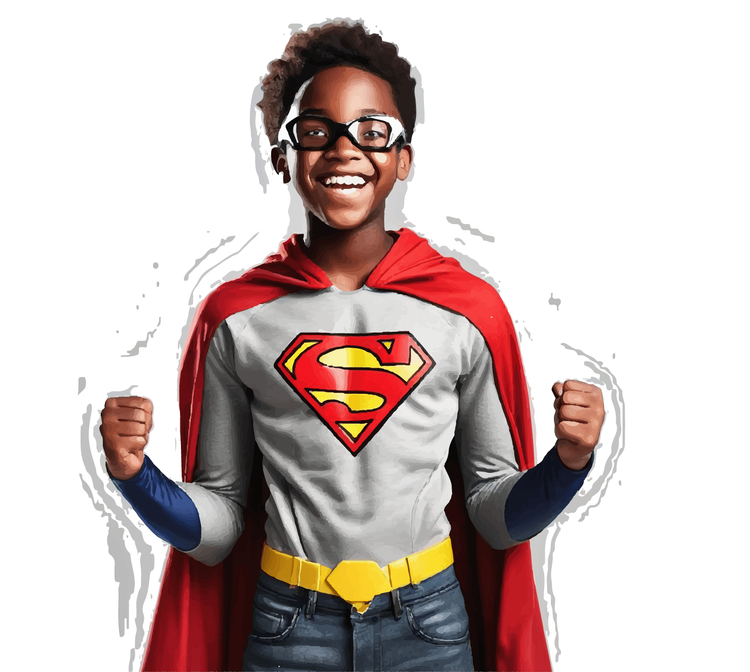 Image d'un jeune homme habillé en super-héros avec un gros sourire au visage