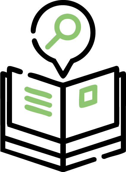 Icons d'un livre survolté d'une loupe qui représente l'apprentissage de différentes terminologies